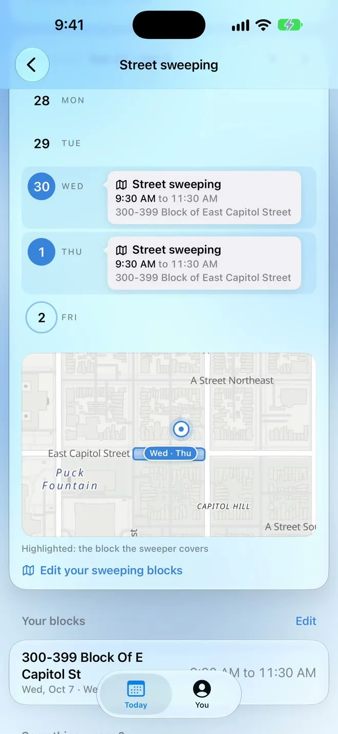 Further down the street sweeping page, a map with the swept block on East Capitol Street highlighted and labeled Wed and Thu.