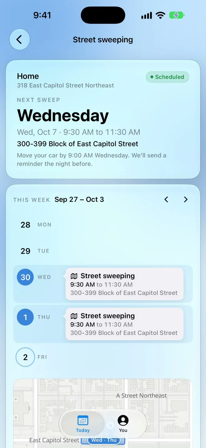 The street sweeping page: next sweep Wednesday, October 7, 9:30 to 11:30 am, on the 300-399 block of East Capitol Street, with a reminder the night before, and the week's sweeps below.