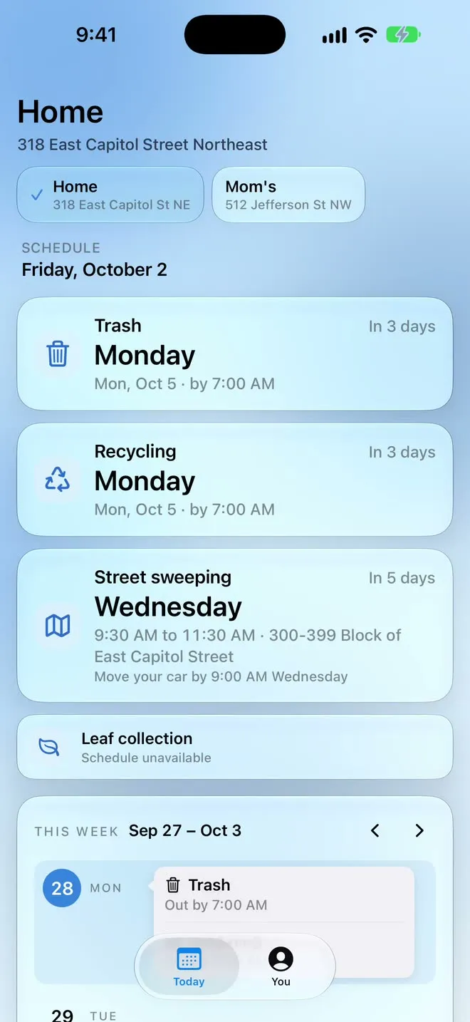 The MyDPW Today screen for a saved address on East Capitol Street: trash and recycling on Monday, street sweeping on Wednesday from 9:30 to 11:30 am, and leaf collection.